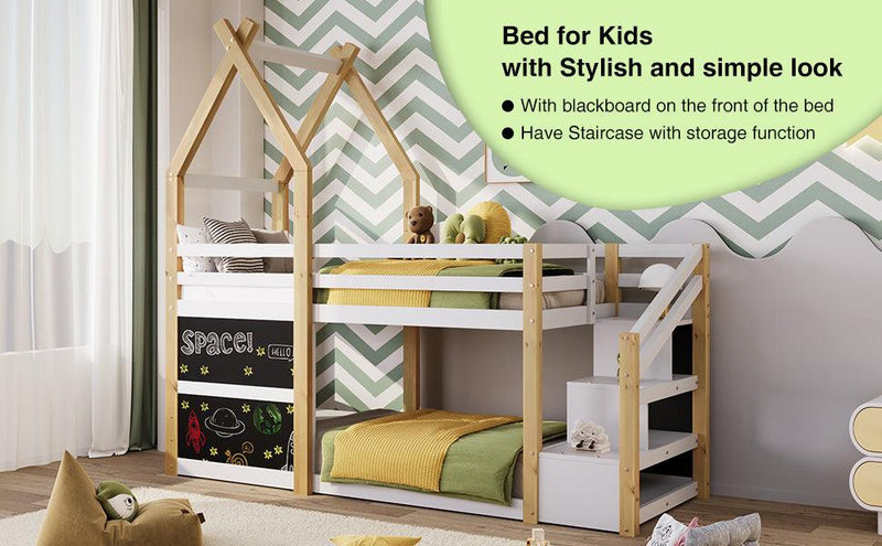 Twin over Twin House Bunk Bed with White Storage Staircase and 2 Blackboards, White and Natural - Supfirm