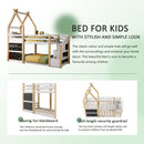 Twin over Twin House Bunk Bed with White Storage Staircase and 2 Blackboards, White and Natural - Supfirm