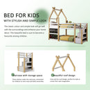 Twin over Twin House Bunk Bed with White Storage Staircase and 2 Blackboards, White and Natural - Supfirm