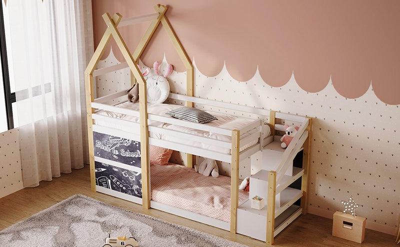 Twin over Twin House Bunk Bed with White Storage Staircase and 2 Blackboards, White and Natural - Supfirm