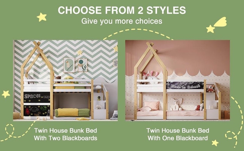 Twin over Twin House Bunk Bed with White Storage Staircase and 2 Blackboards, White and Natural - Supfirm