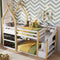 Twin over Twin House Bunk Bed with White Storage Staircase and 2 Blackboards, White and Natural - Supfirm