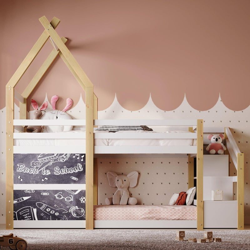 Twin over Twin House Bunk Bed with White Storage Staircase and 2 Blackboards, White and Natural - Supfirm