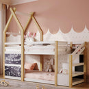 Twin over Twin House Bunk Bed with White Storage Staircase and 2 Blackboards, White and Natural - Supfirm