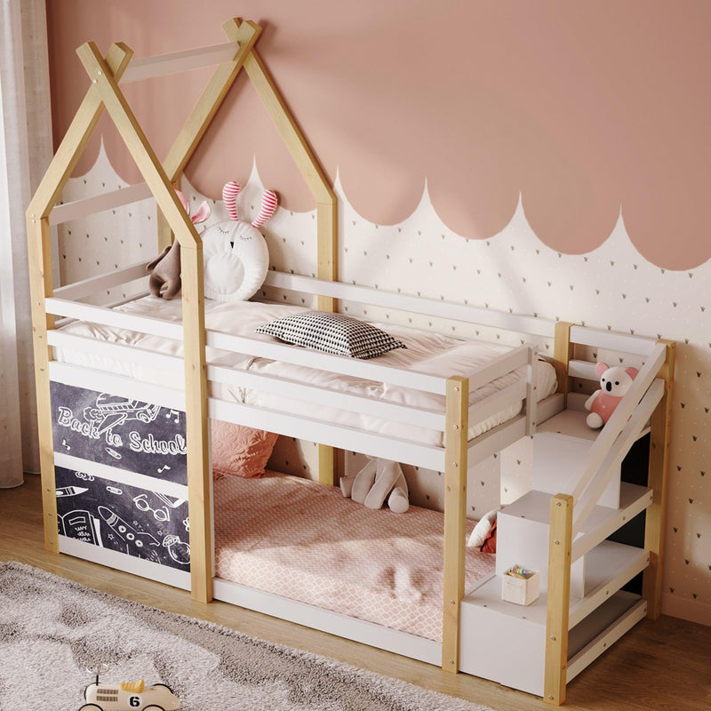 Twin over Twin House Bunk Bed with White Storage Staircase and 2 Blackboards, White and Natural - Supfirm