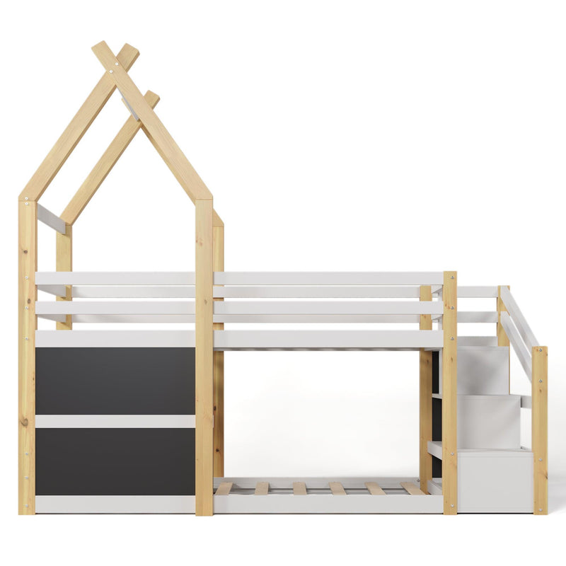 Twin over Twin House Bunk Bed with White Storage Staircase and 2 Blackboards, White and Natural - Supfirm