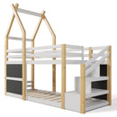 Twin over Twin House Bunk Bed with White Storage Staircase and 2 Blackboards, White and Natural - Supfirm