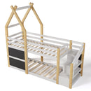 Twin over Twin House Bunk Bed with White Storage Staircase and 2 Blackboards, White and Natural - Supfirm