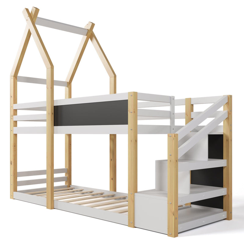 Twin over Twin House Bunk Bed with White Storage Staircase and Blackboard, White and Natural - Supfirm