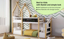 Twin over Twin House Bunk Bed with White Storage Staircase and Blackboard, White and Natural - Supfirm