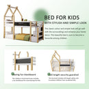 Twin over Twin House Bunk Bed with White Storage Staircase and Blackboard, White and Natural - Supfirm