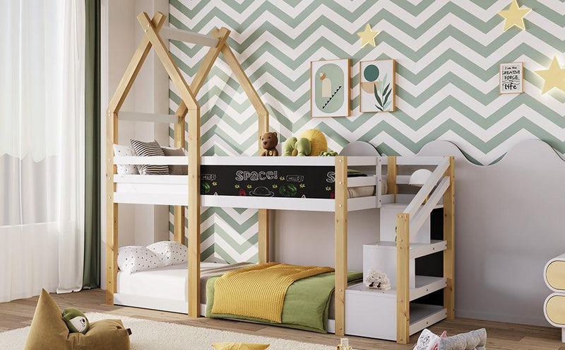 Twin over Twin House Bunk Bed with White Storage Staircase and Blackboard, White and Natural - Supfirm