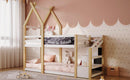 Twin over Twin House Bunk Bed with White Storage Staircase and Blackboard, White and Natural - Supfirm