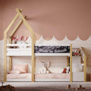 Twin over Twin House Bunk Bed with White Storage Staircase and Blackboard, White and Natural - Supfirm