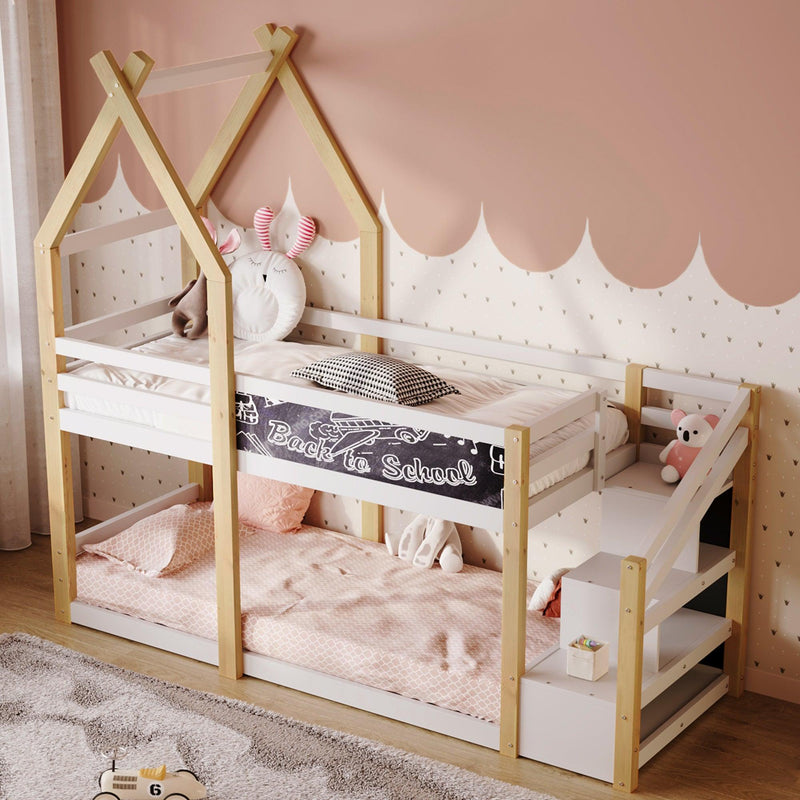 Twin over Twin House Bunk Bed with White Storage Staircase and Blackboard, White and Natural - Supfirm