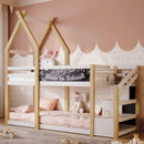 Twin over Twin House Bunk Bed with White Storage Staircase and Blackboard, White and Natural - Supfirm