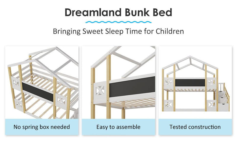 Twin over Twin House Bunk Bed with White Storage Staircase and Blackboards, White - Supfirm