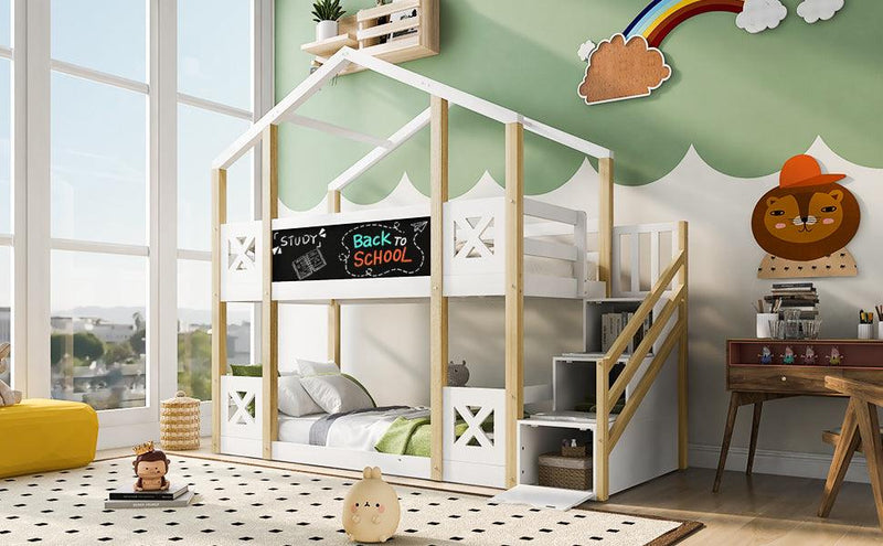 Twin over Twin House Bunk Bed with White Storage Staircase and Blackboards, White - Supfirm