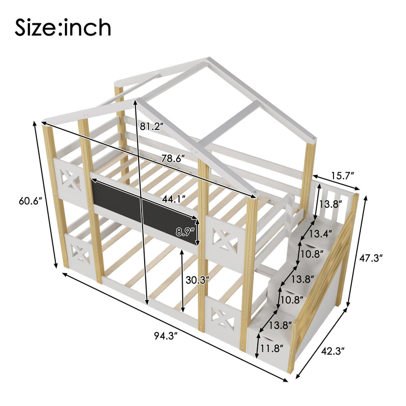 Twin over Twin House Bunk Bed with White Storage Staircase and Blackboards, White - Supfirm