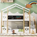 Twin over Twin House Bunk Bed with White Storage Staircase and Blackboards, White - Supfirm