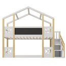 Twin over Twin House Bunk Bed with White Storage Staircase and Blackboards, White - Supfirm