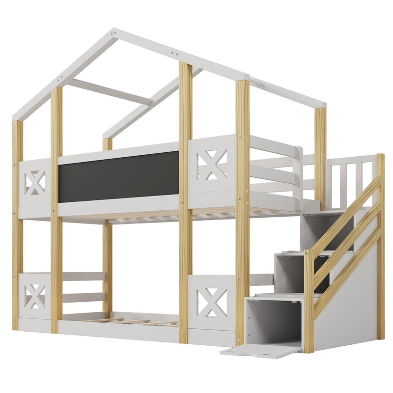 Twin over Twin House Bunk Bed with White Storage Staircase and Blackboards, White - Supfirm