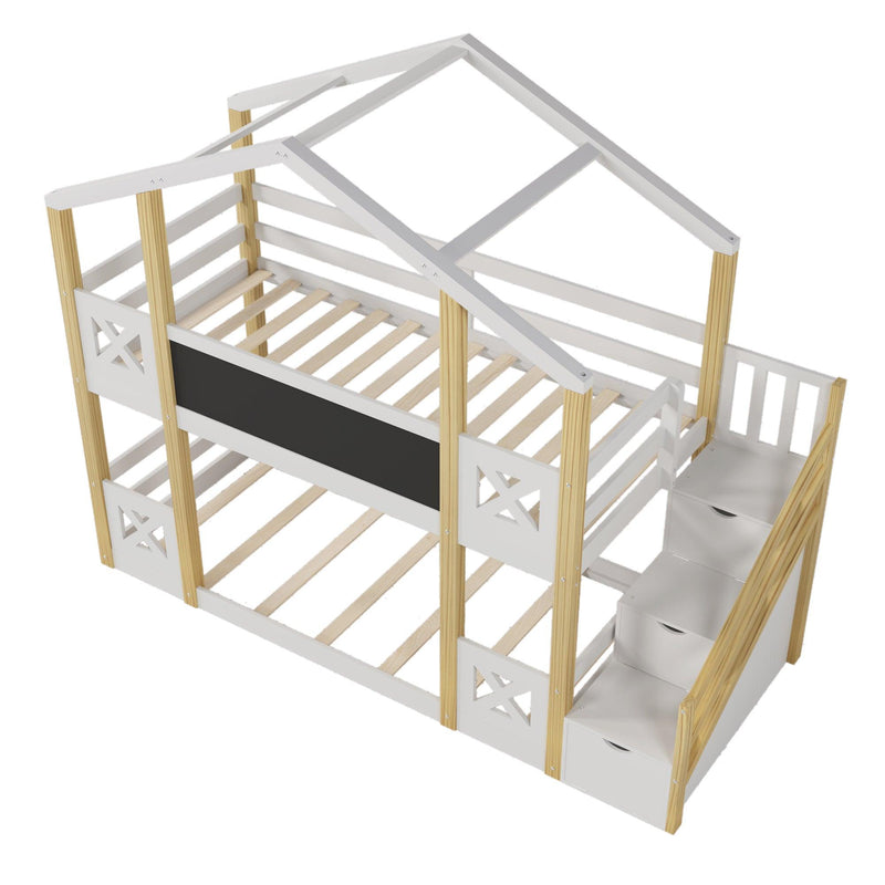 Twin over Twin House Bunk Bed with White Storage Staircase and Blackboards, White - Supfirm