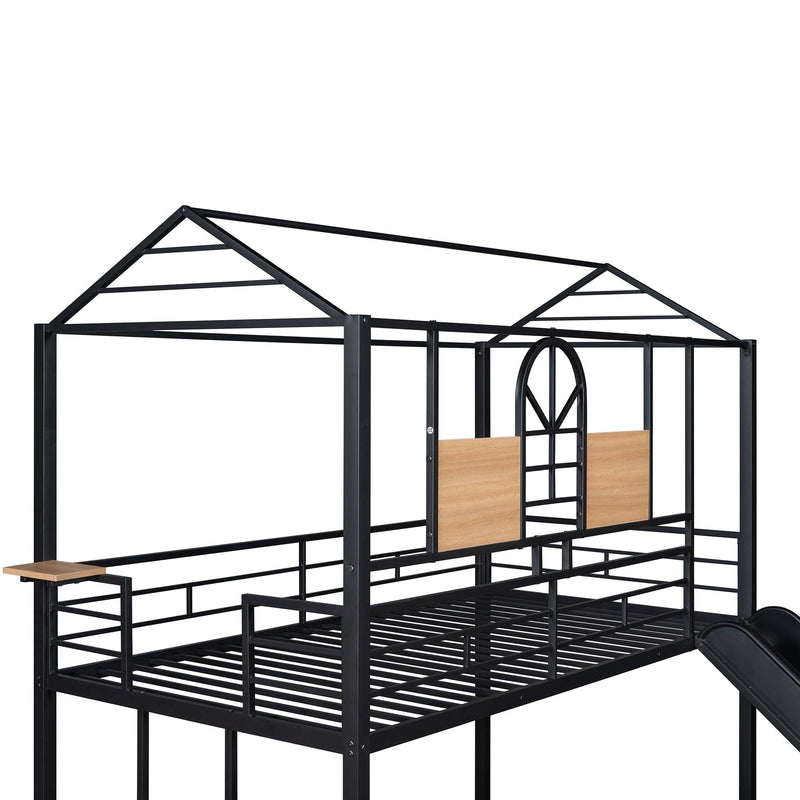 Twin Over Twin Metal Bunk Bed ,Metal Housebed With Slide,Three Colors Available.(Black with Black Slide)(OLD SKU :LP000095AAB) - Supfirm