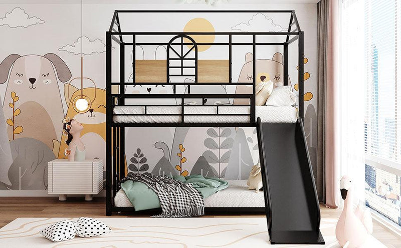 Twin Over Twin Metal Bunk Bed ,Metal Housebed With Slide,Three Colors Available.(Black with Black Slide)(OLD SKU :LP000095AAB) - Supfirm