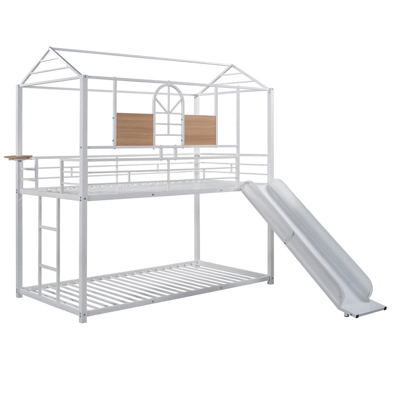 Twin Over Twin Metal Bunk Bed ,Metal Housebed With Slide,Three Colors Available.(White with White Slide)(OLD SKU :LP000095AAK) - Supfirm