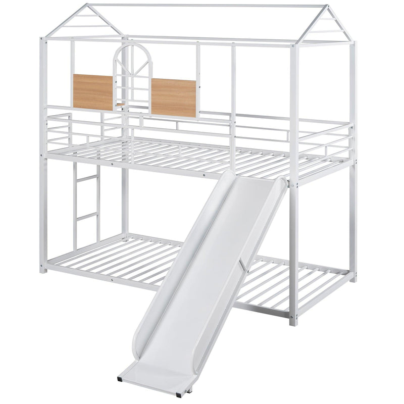 Twin Over Twin Metal Bunk Bed ,Metal Housebed With Slide,Three Colors Available.(White with White Slide)(OLD SKU :LP000095AAK) - Supfirm