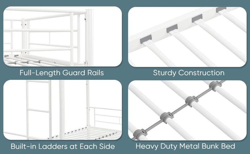 Twin Over Twin Metal Bunk Bed,Metal Structure Bedframe with Safety Guardrails and 2 ladders,Convertible Bunkbeds,No Spring Box Required and Space Saving Design,White - Supfirm