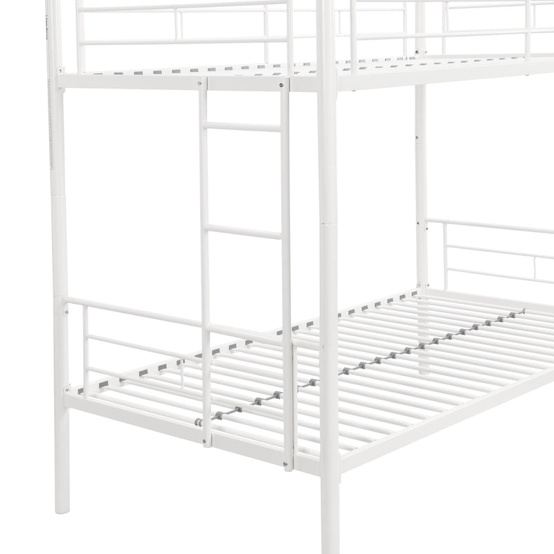 Twin Over Twin Metal Bunk Bed,Metal Structure Bedframe with Safety Guardrails and 2 ladders,Convertible Bunkbeds,No Spring Box Required and Space Saving Design,White - Supfirm