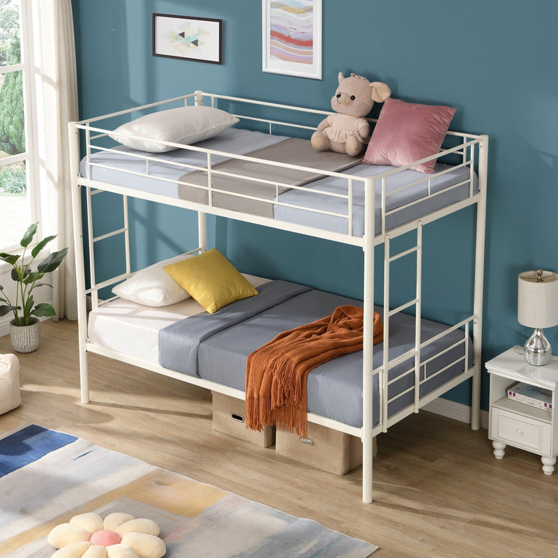 Twin Over Twin Metal Bunk Bed,Metal Structure Bedframe with Safety Guardrails and 2 ladders,Convertible Bunkbeds,No Spring Box Required and Space Saving Design,White - Supfirm