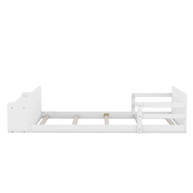 Twin Size Floor Bed with Storage Footboard and Guardrail, White - Supfirm