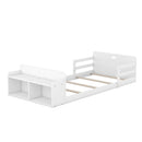 Twin Size Floor Bed with Storage Footboard and Guardrail, White - Supfirm