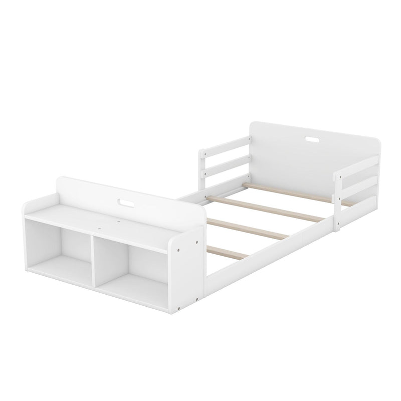 Twin Size Floor Bed with Storage Footboard and Guardrail, White - Supfirm