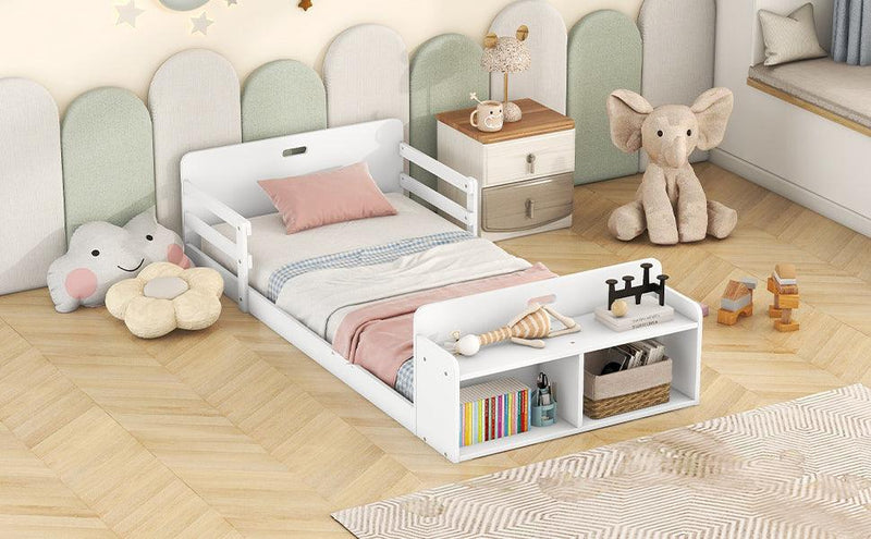 Twin Size Floor Bed with Storage Footboard and Guardrail, White - Supfirm