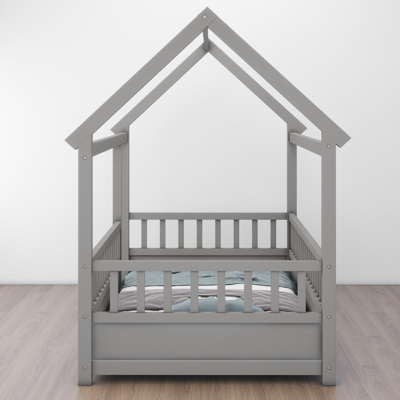 Twin Size Floor Wooden Bed with House Roof Frame, Fence Guardrails,Grey - Supfirm