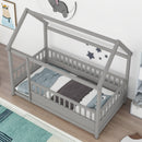 Twin Size Floor Wooden Bed with House Roof Frame, Fence Guardrails,Grey - Supfirm
