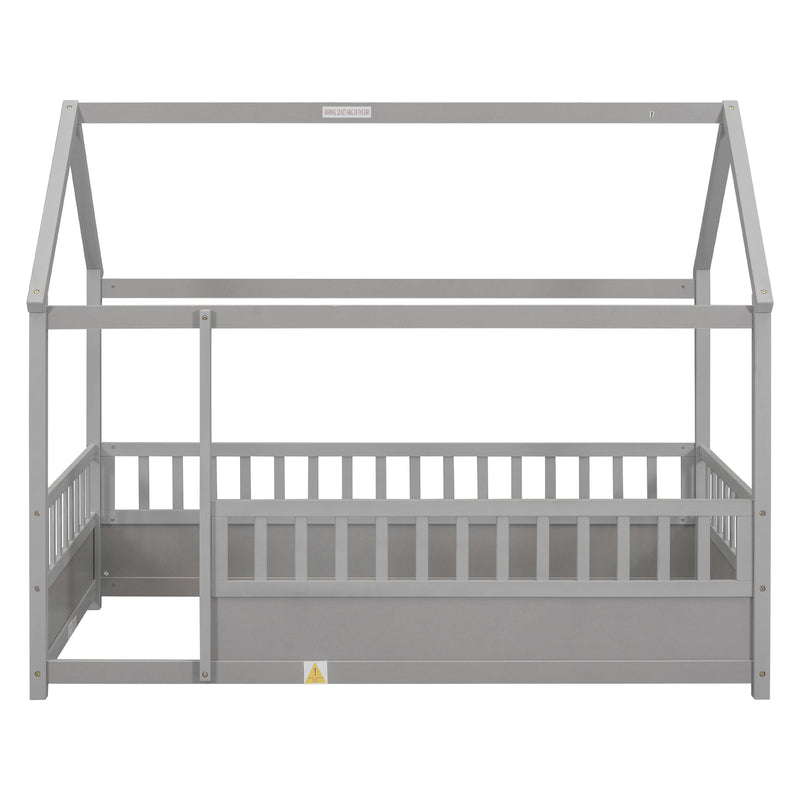 Twin Size Floor Wooden Bed with House Roof Frame, Fence Guardrails,Grey - Supfirm