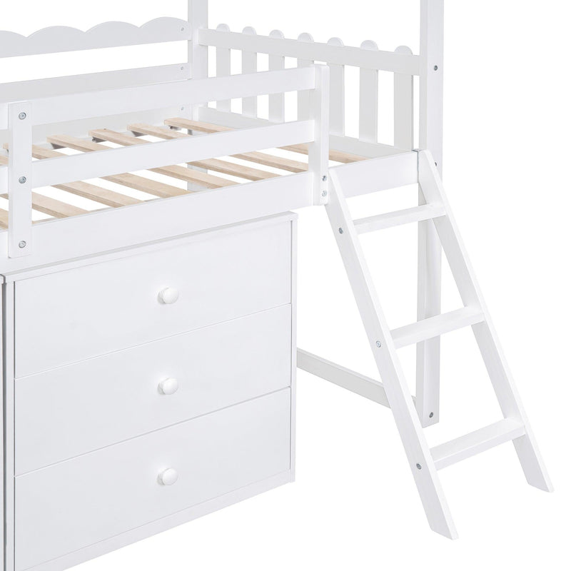 Twin Size House Bed With Cabinet and Drawers, White - Supfirm