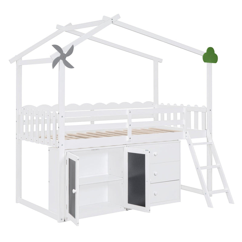 Twin Size House Bed With Cabinet and Drawers, White - Supfirm
