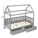 Twin Size House Bed with drawers, Fence-shaped Guardrail, Gray - Supfirm