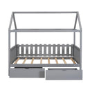 Twin Size House Bed with drawers, Fence-shaped Guardrail, Gray - Supfirm