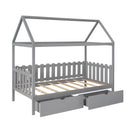 Twin Size House Bed with drawers, Fence-shaped Guardrail, Gray - Supfirm