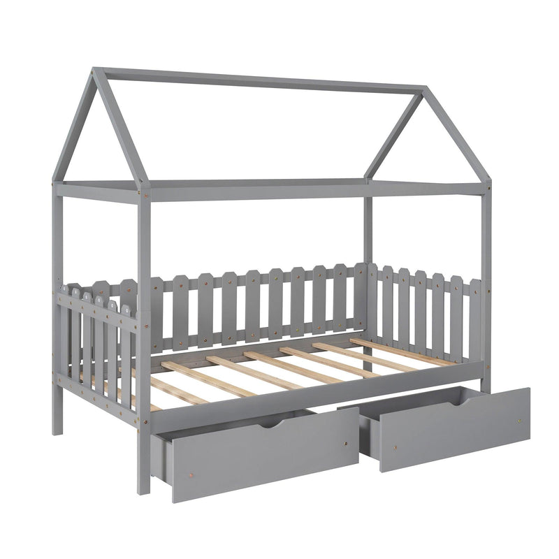 Twin Size House Bed with drawers, Fence-shaped Guardrail, Gray - Supfirm