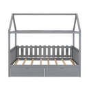 Twin Size House Bed with drawers, Fence-shaped Guardrail, Gray - Supfirm