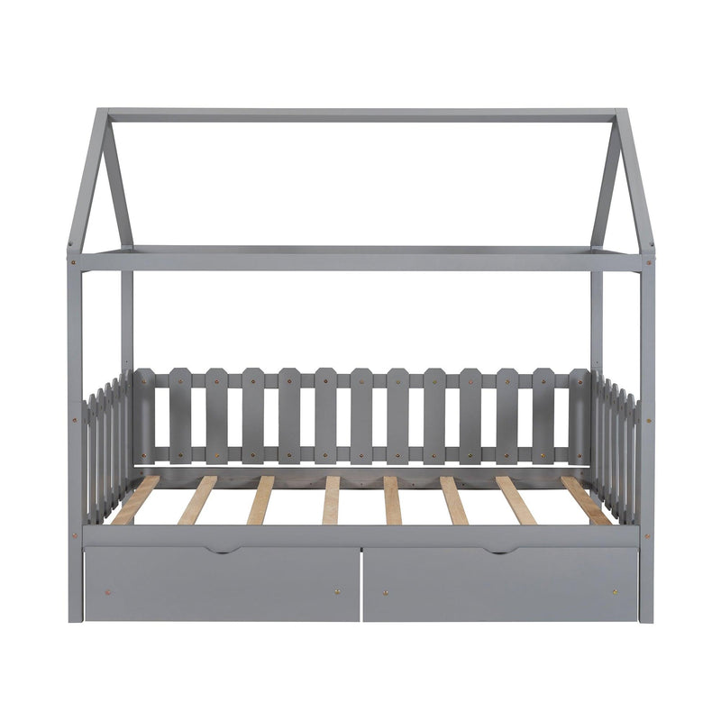 Twin Size House Bed with drawers, Fence-shaped Guardrail, Gray - Supfirm