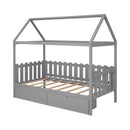 Twin Size House Bed with drawers, Fence-shaped Guardrail, Gray - Supfirm